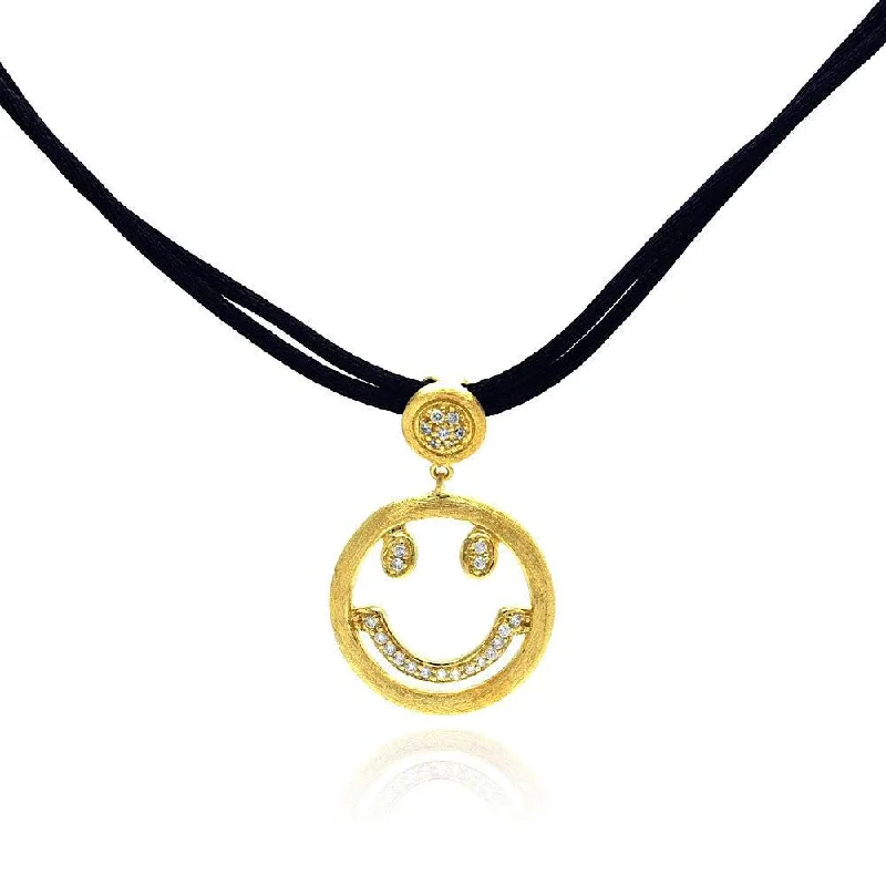 Clearance-Silver 925 Gold Plated Clear CZ Smile Pendant Leather Necklace - STP01052