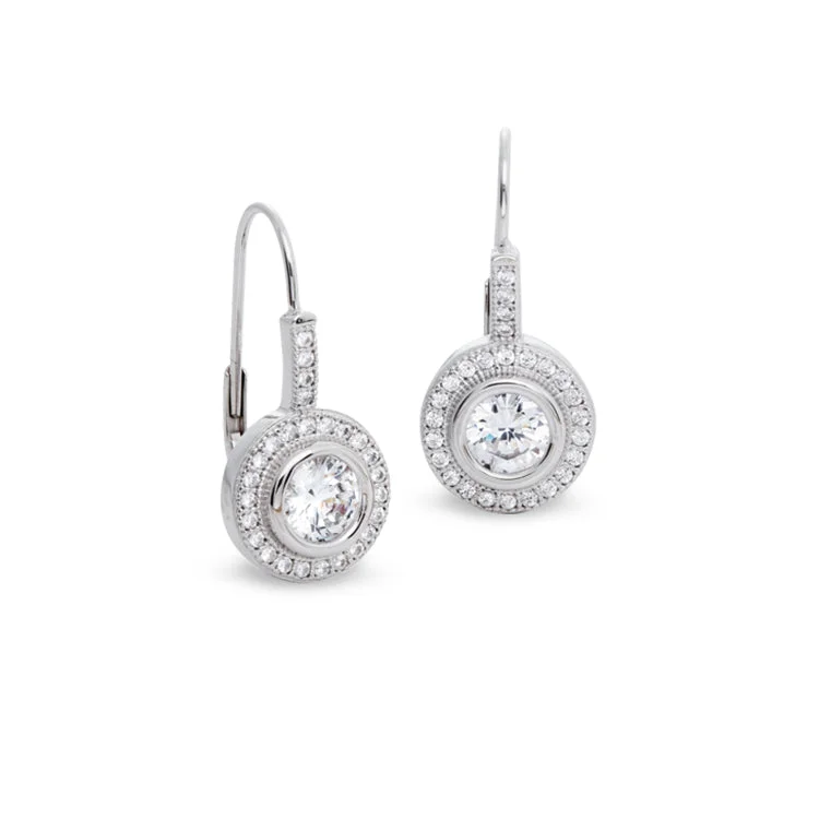 Platinum Finish Sterling Silver Micropave Round Lever Back Earrings with 27 Simulated Diamonds