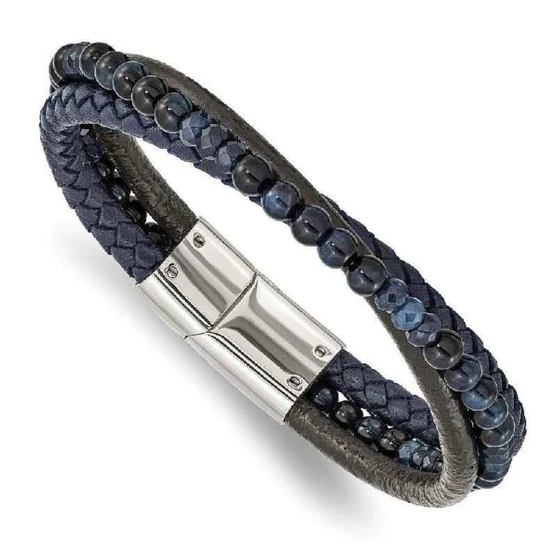 Stainless Steel Polished with Blue Chalcedony/Tiger's Eye Leather Bracelet