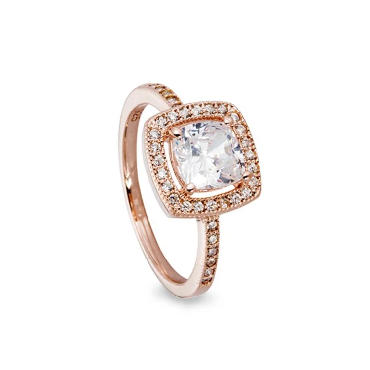 Rose Gold Finish Sterling Silver Micropave Cushion Cut Ring with 37 Simulated Diamonds