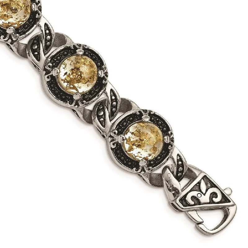 Stainless Steel Polished Antiqued Epoxy Resin w/Gold Tin Bracelet