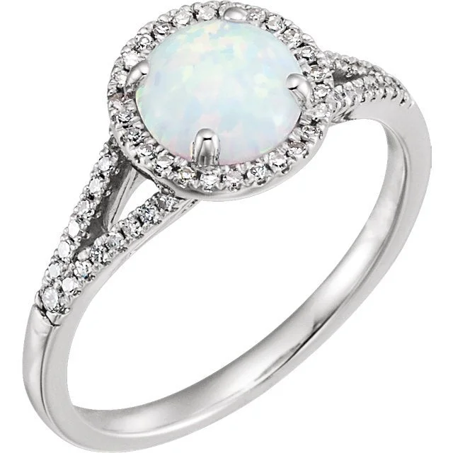 14KT WHITE GOLD LAB CREATED OPAL & 1/6 CTW DIAMOND HALO RING