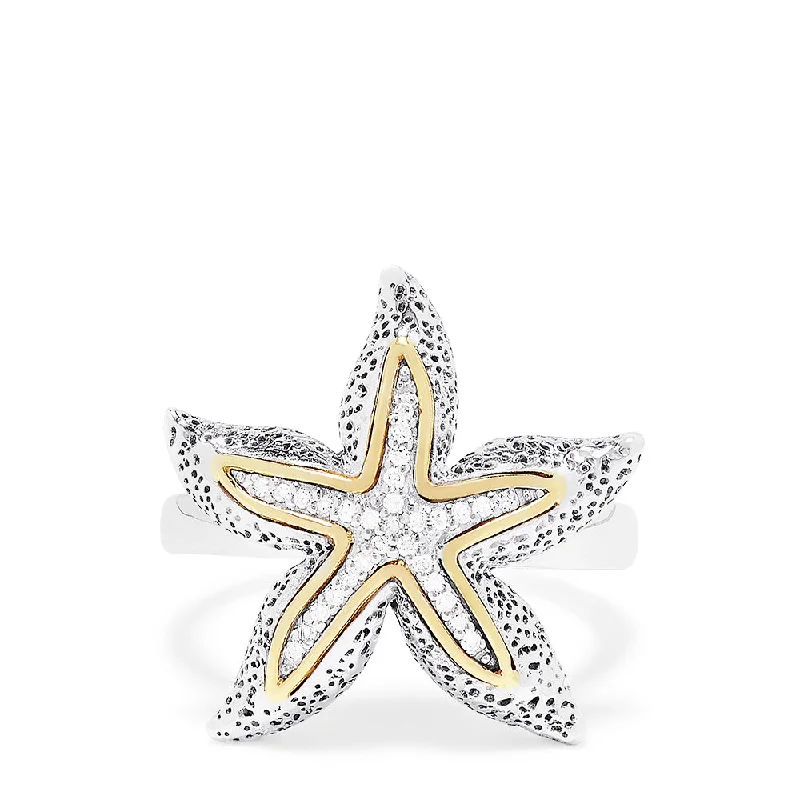 Sterling Silver & 18K Gold Accented Diamond Starfish Ring, 0.10 TCW