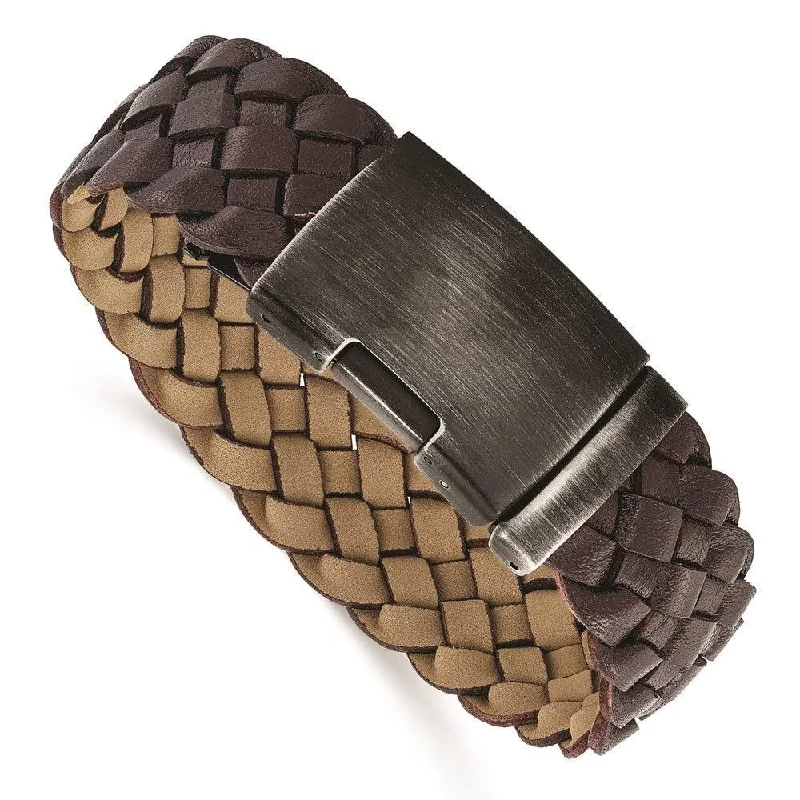 Stainless Steel Antiqued and Brushed Brown Braided Leather 9in Bracelet