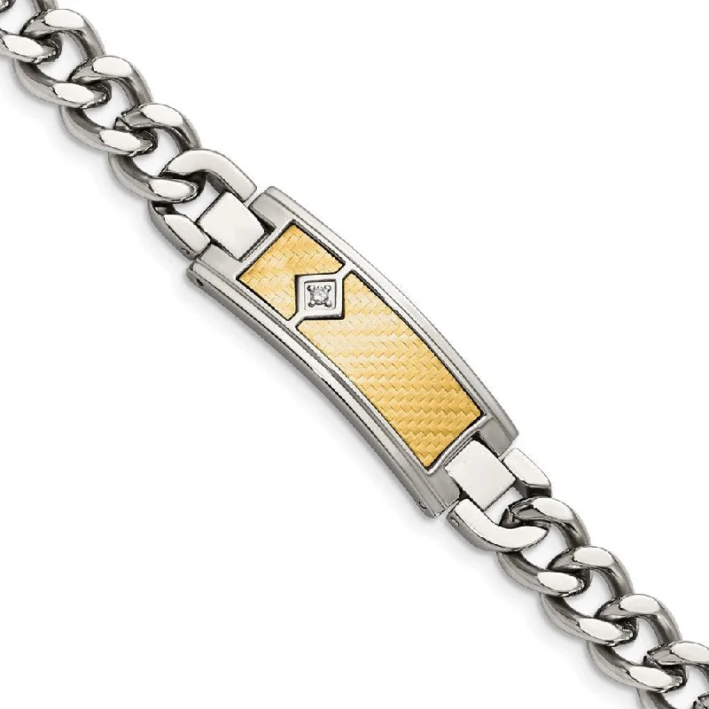 Stainless Steel w/18k Polished Weave Textured Diamond ID Bracelet