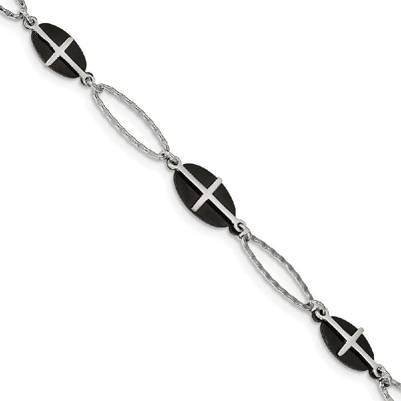 Stainless Steel Polished Black IP-plated 7in w/1in ext. Cross Bracelet