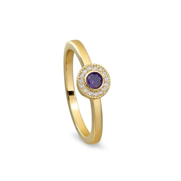 Gold Finish Sterling Silver Micropave Round Simulated Amethyst Ring with Simulated Diamonds Size 5