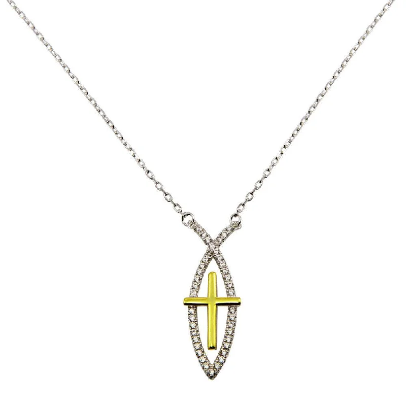 Rhodium Plated 925 Sterling Silver CZ Fish Sign with Gold Plated Cross Necklace - BGP01242