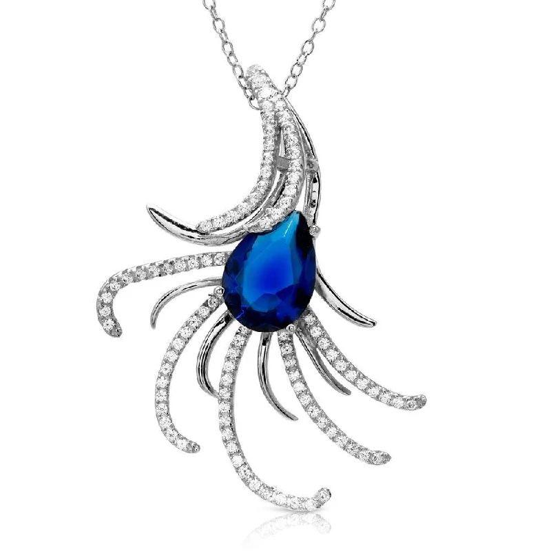 Rhodium Plated 925 Sterling Silver Swirl CZ Necklace with Blue Pearl CZ - BGP01173