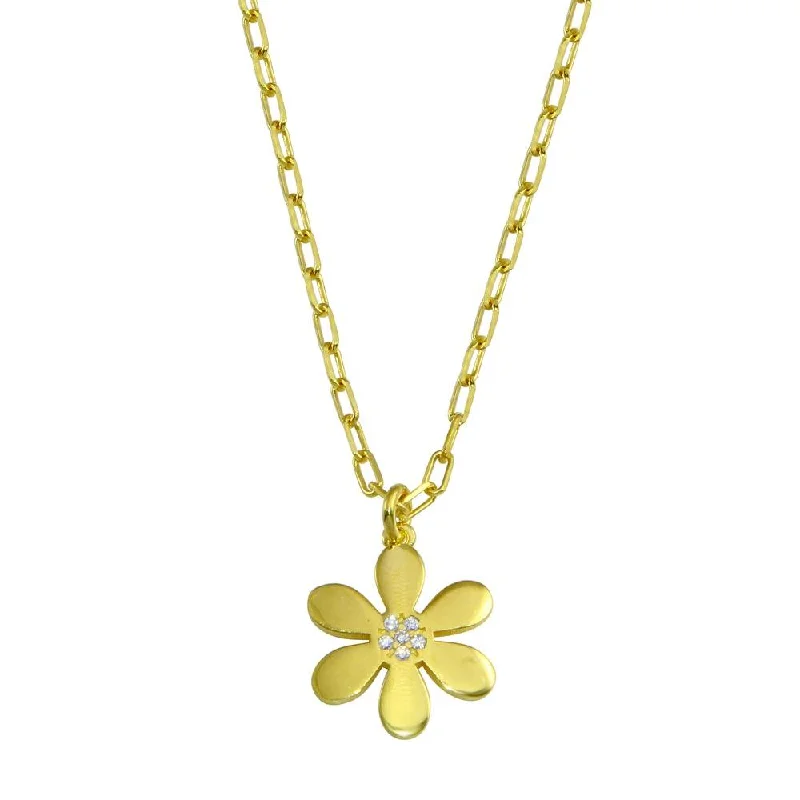 Gold Plated 925 Sterling Silver Paperclip Chain Flower CZ Necklace - ITN00154-GP