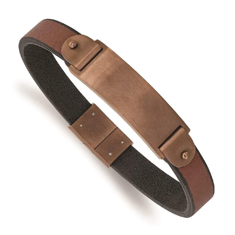 Stainless Steel Brushed Brown IP-plated Brown Leather 8.5in ID Bracelet