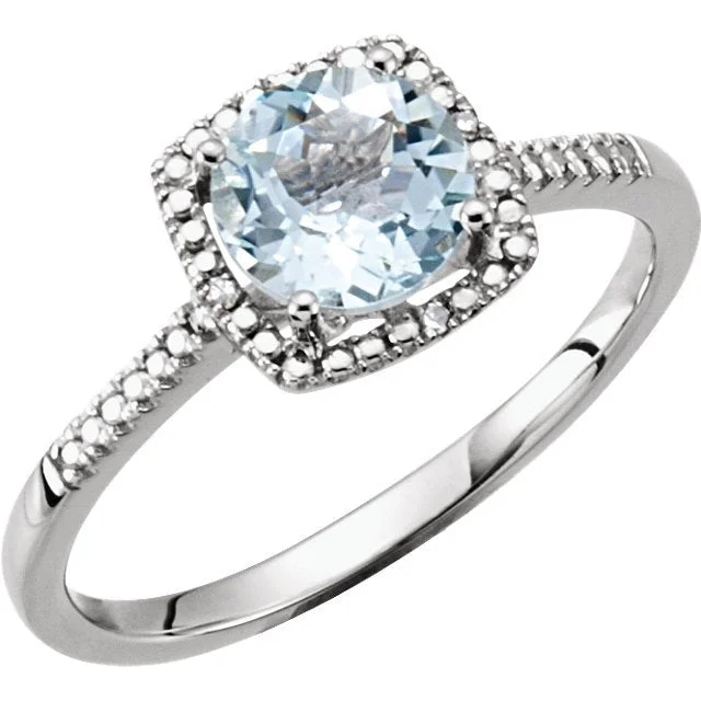 STERLING SILVER 1.60 CT AQUAMARINE & .01 CTW DIAMOND HALO RING