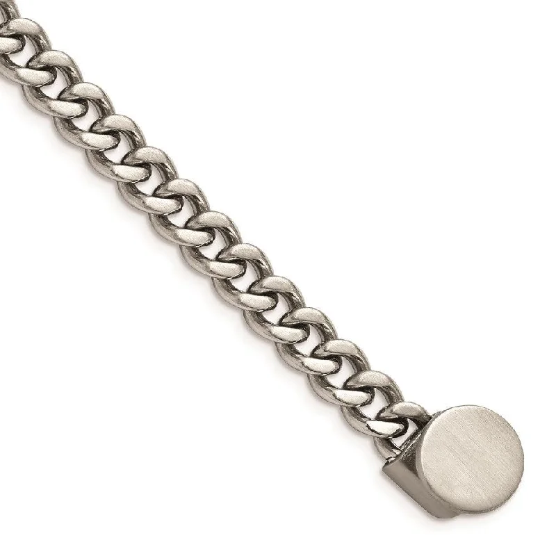 Stainless Steel Brushed & Polished Curb Chain w/Brown Leather Hook Bracelet