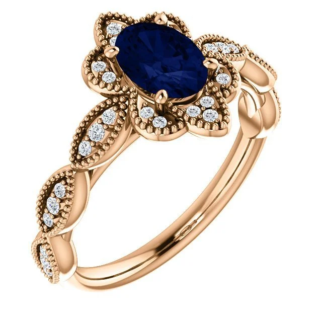 14KT GOLD 1.00 CT OVAL SAPPHIRE AND DIAMOND MILGRAIN RING