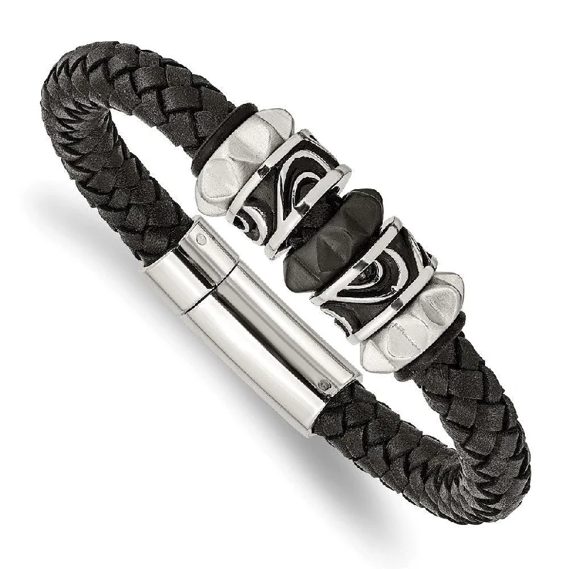 Stainless Steel Brushed/Polished Antiqued Blk IP Blk Leather Bracelet