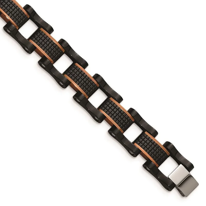 Stainless Steel Polished & Textured Black & Brown IP 8.25in Link Bracelet