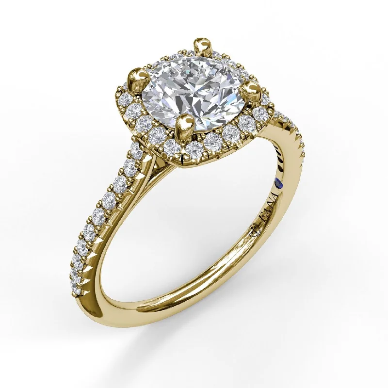 14 Karat Yellow Gold Fana 1/3 Carat Delicate Cushion Halo Diamond Engagement Ring Setting With Pave Shank