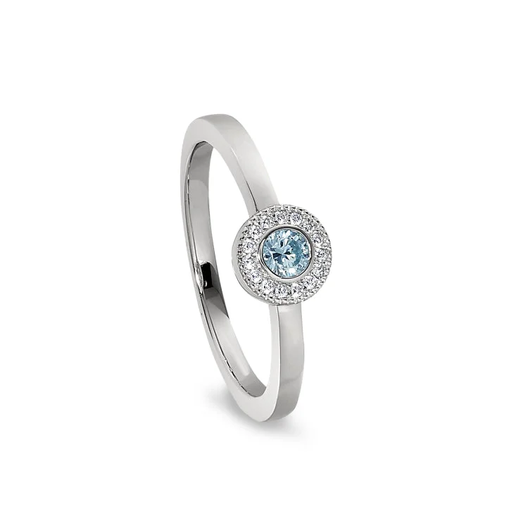 Platinum Finish Sterling Silver Micropave Round Simulated Aquamarine Ring with Simulated Diamonds Size 8