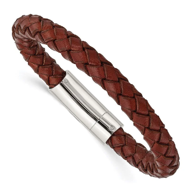 Stainless Steel Brown Leather 8.5in Bracelet