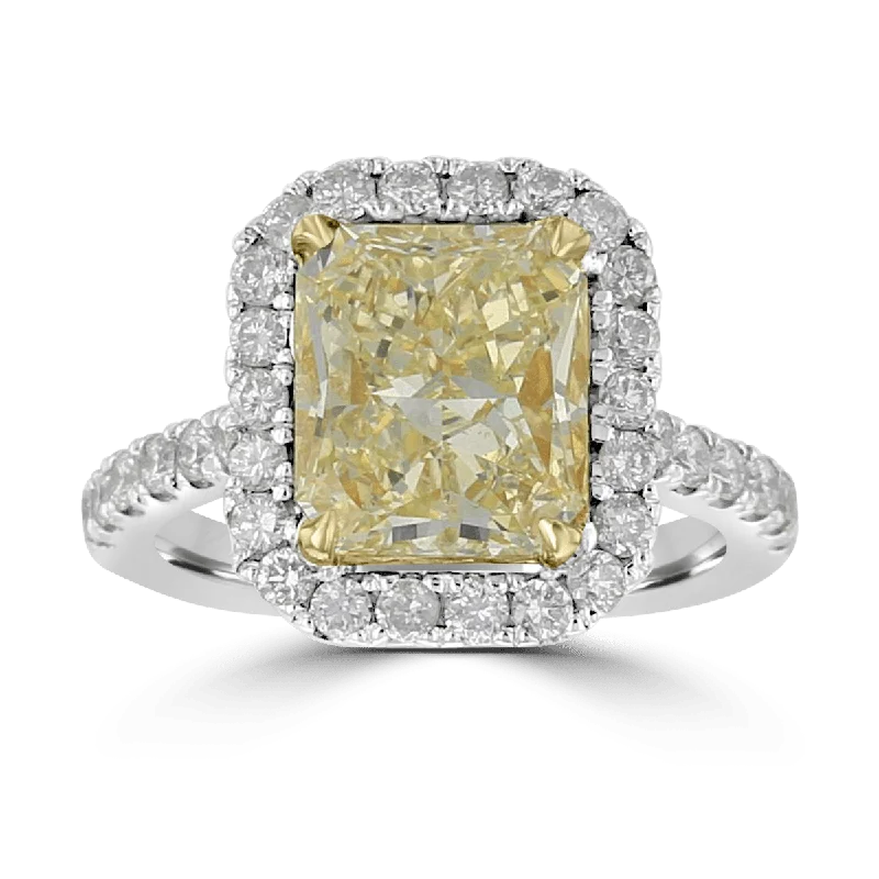 14KT WHITE GOLD 3.78 CTW YELLOW DIAMOND EMERALD STYLE HALO RING