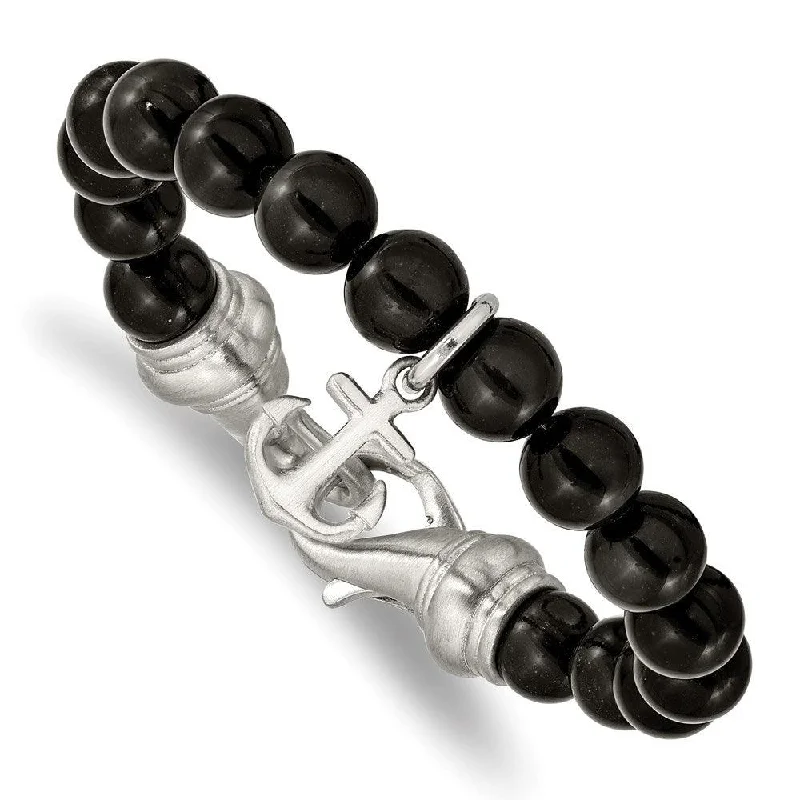 Stainless Steel Brushed Black Agate Beads 8in Anchor Bracelet