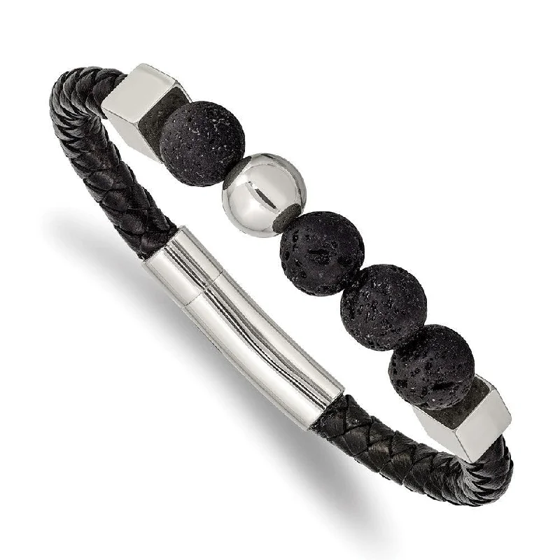 Stainless Steel Polished w/Lava Stone Black Leather 8in Bracelet