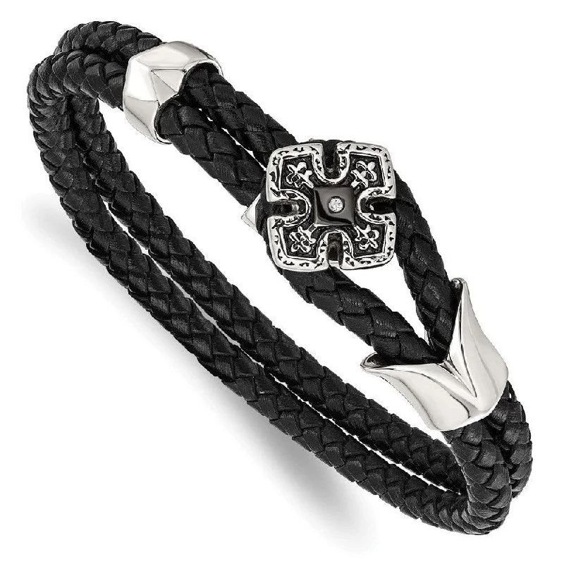 Stainless Steel Polished Black IP Braided Black Leather CZ Bracelet