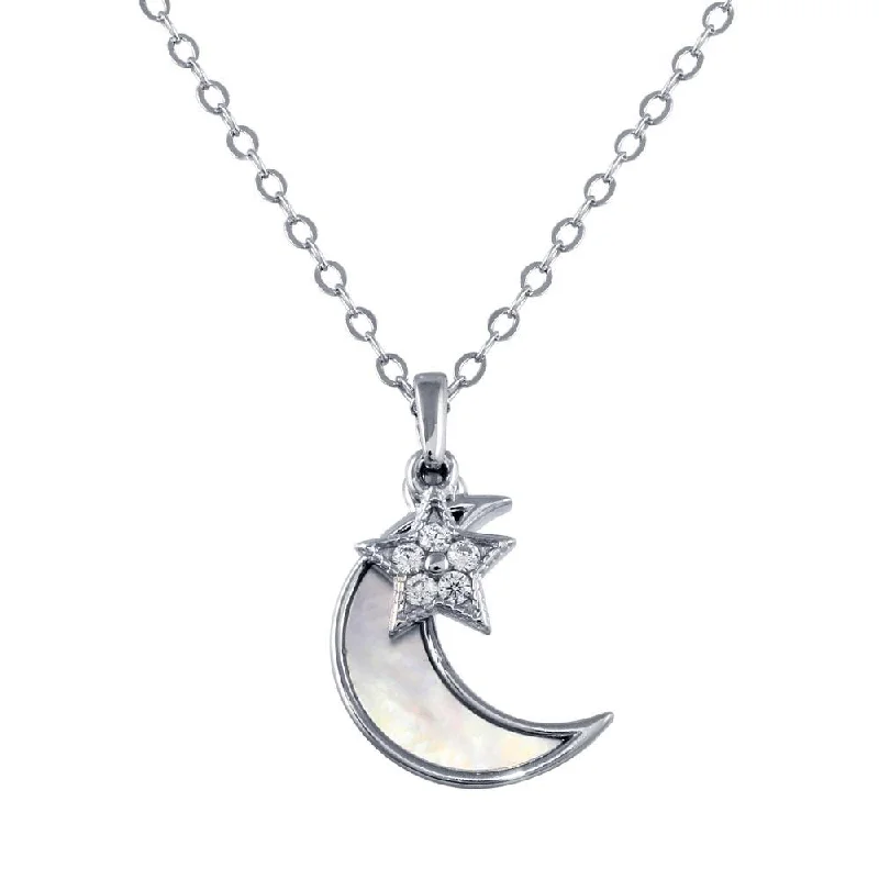 Rhodium Plated 925 Sterling Silver CZ Synthetic Mother of Pearl Star and Crescent Moon Necklace - STP01756