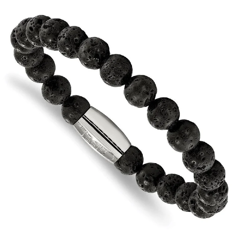 Stainless Steel Polished Lava Rock Beaded Stretch Bracelet