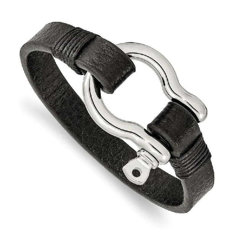 Stainless Steel Polished Black Leather 8.25in Shackle Bracelet