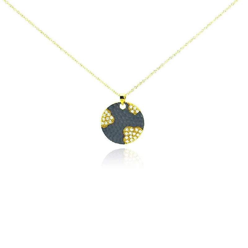 Clearance-Silver 925 Gold Plated and Matte Black Rhodium Finish Clear CZ Round Pendant Necklace - STP00988