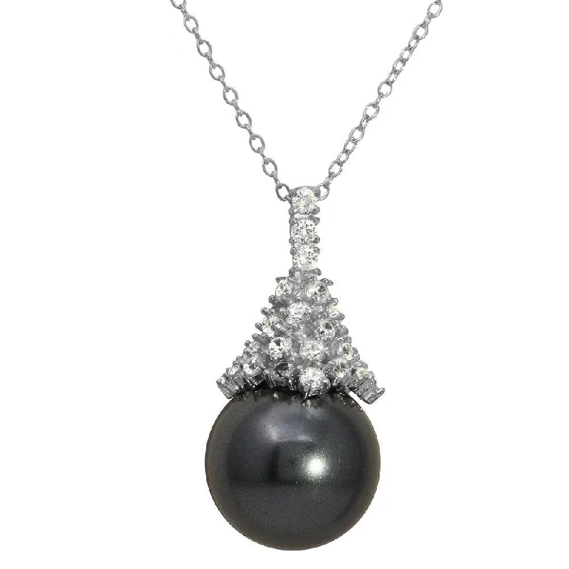 Rhodium Plated 925 Sterling Silver Synthetic Black Pearl with CZ Necklace - BGP01158