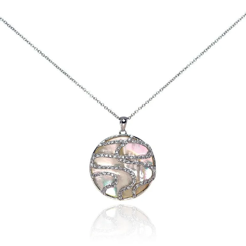 Silver 925 Clear CZ Mother Pearl Rhodium Plated Round Pendant Necklace - BGP00115