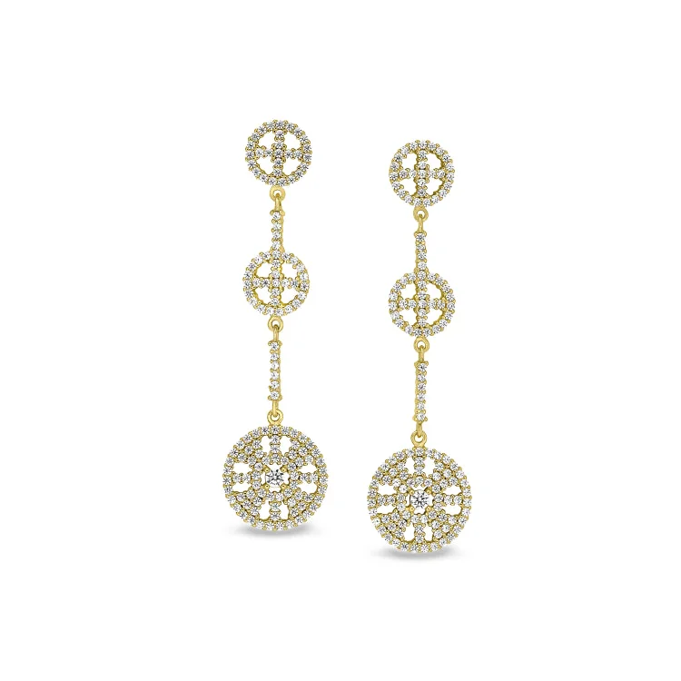 Gold Finish Sterling Silver Micropave Three Circle Drop Earrings with Simulated Diamonds