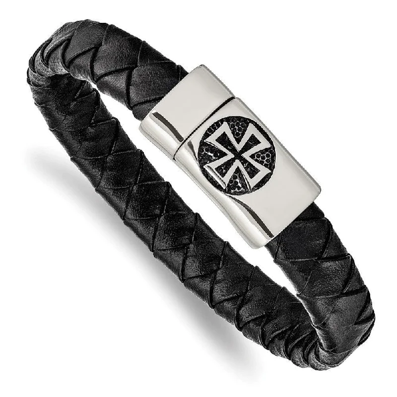 Stainless Steel Antiqued and Polished Cross Black Leather 8.5in Bracelet