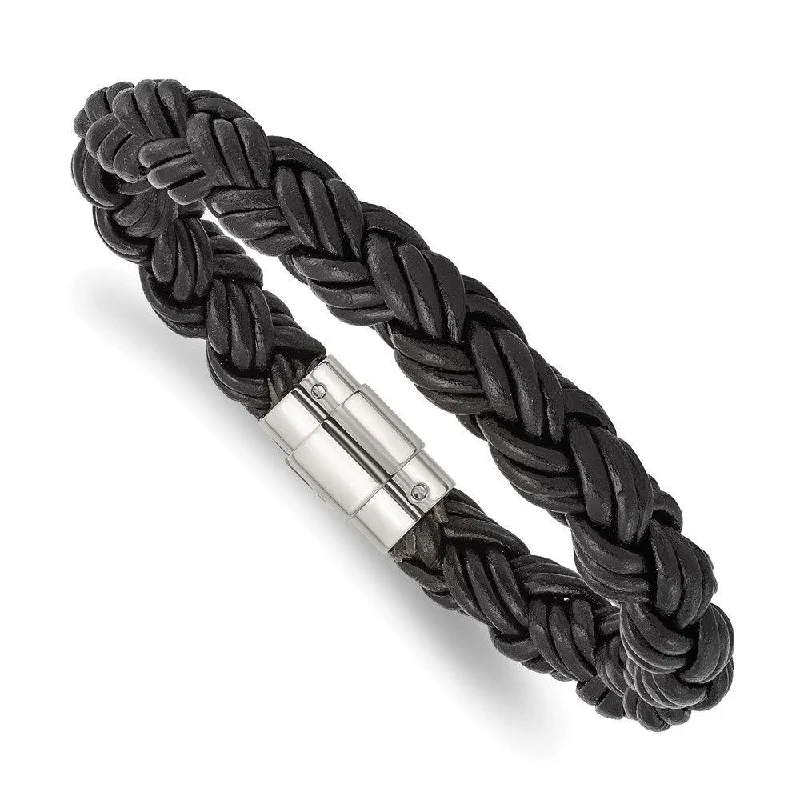 Stainless Steel Black Leather Bracelet