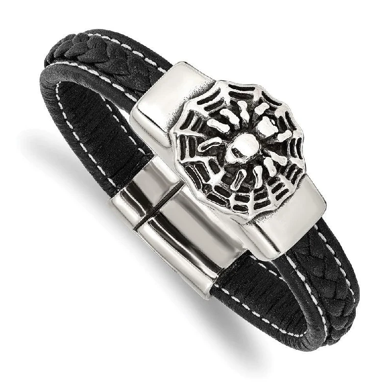 Stainless Steel Antiqued & Polished Spider Blk Faux Leather 8.5in Bracelet