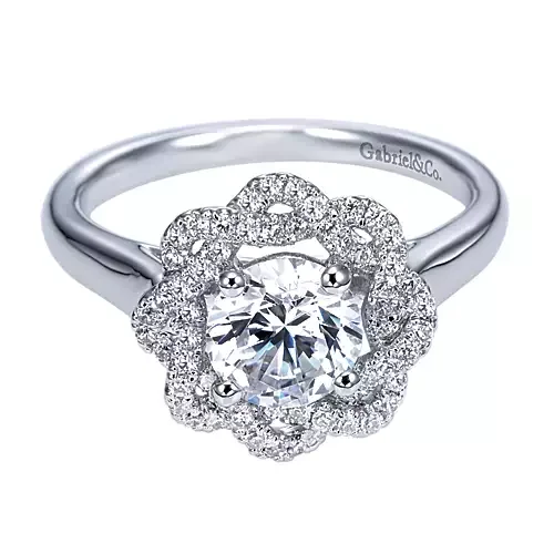 14K White Gold Floral Halo Round Diamond Engagement Ring