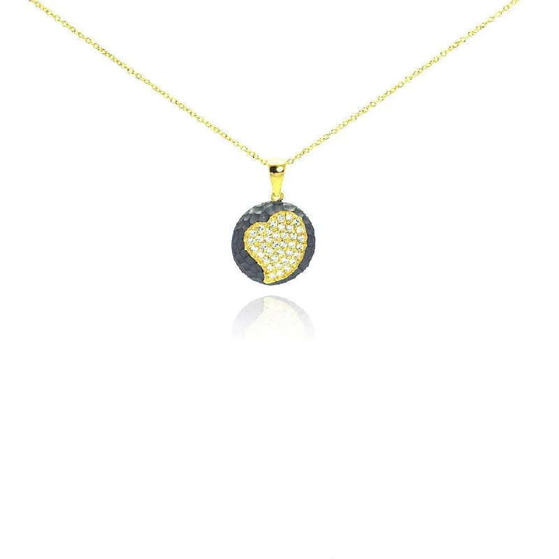 Clearance-Silver 925 Gold Plated and Matte Black Rhodium Finish Heart Clear CZ Hammered Round Onyx Pendant Necklace - STP00990