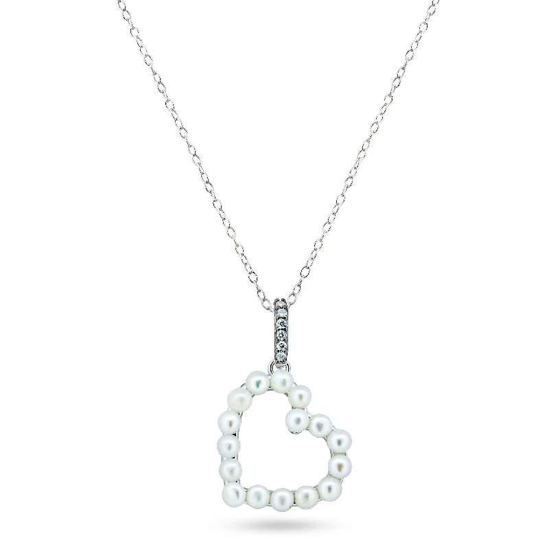 Rhodium Plated 925 Sterling Silver Pearl Heart Necklace - BGP01466