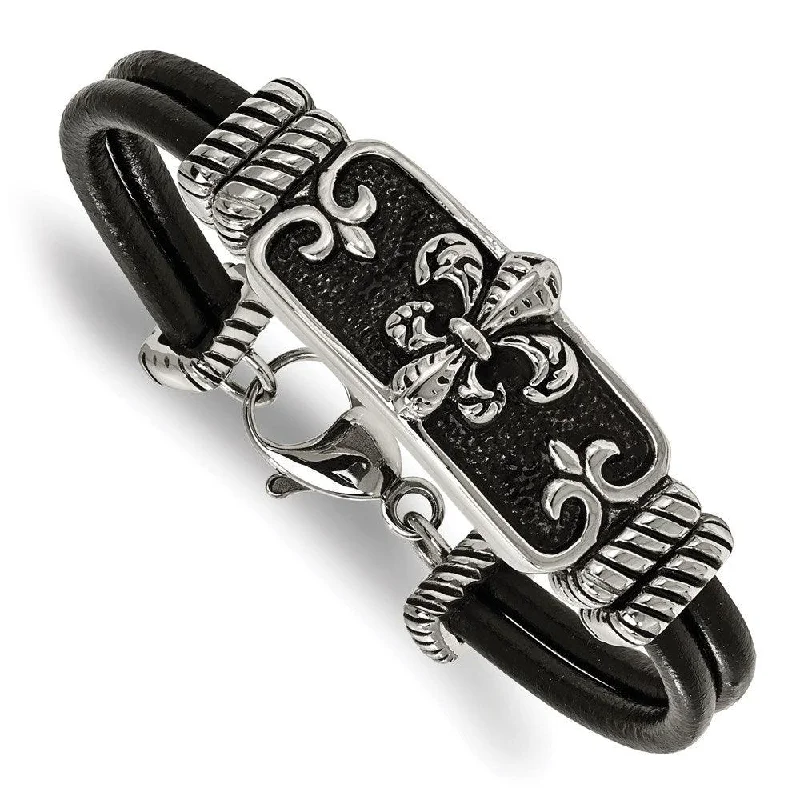 Stainless Steel Polished Antiqued Fleur De Lis Black Leather Bracelet