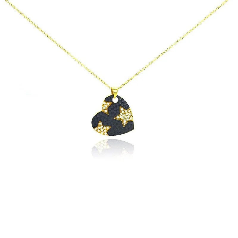 Clearance-Silver 925 Gold Plated and Matte Black Rhodium Finish Clear CZ Star Heart Pendant Necklace - STP00987