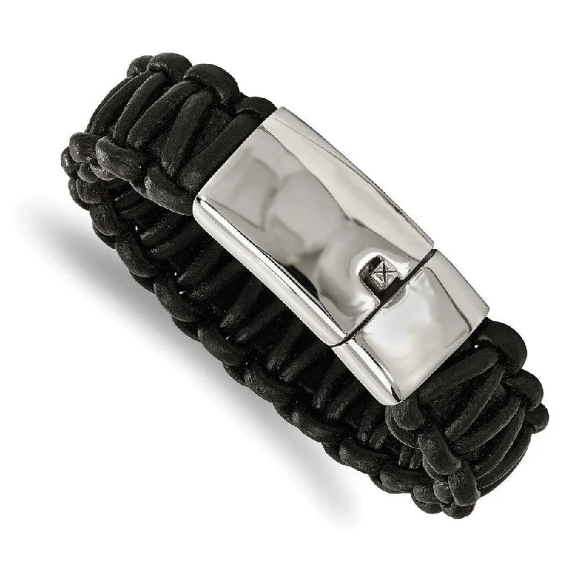 Stainless Steel Polished Rounded Braided Black Leather Bracelet