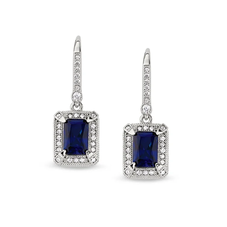 Platinum Finish Sterling Silver Micropave Emerald Cut Synthetic Blue Sapphire Earrings with Simulated Diamonds