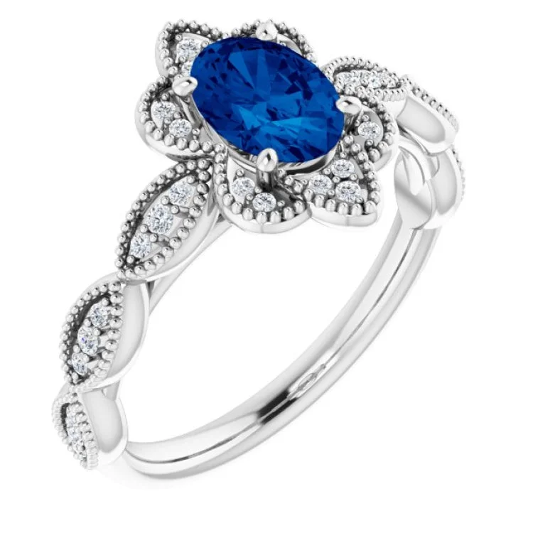 14K White Lab-Grown Blue Sapphire & 1/8 CTW Natural Diamond Ring