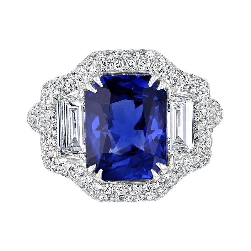 JULEVE 4.78 CT SAPPHIRE & 2.04 CTW DIAMOND 3 STONE HALO RING