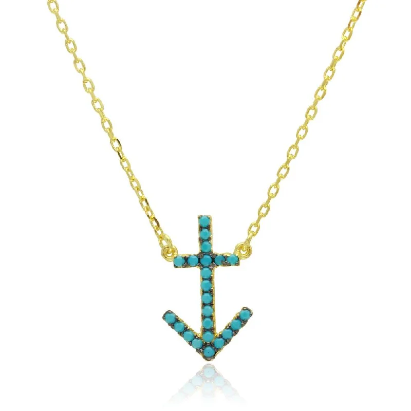 Gold Plated 925 Sterling Silver Anchor Necklace with Turquoise Beads - BGP01206