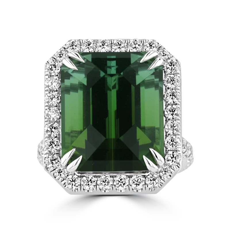 JULEVE 18KT WHITE GOLD 17.49 CT TOURMALINE & 1.18 CTW DIAMOND HALO RING