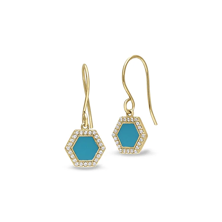 Gold Finish Sterling Silver Micropave Turquoise Enamel Hexagon Earrings with Simulated Diamonds