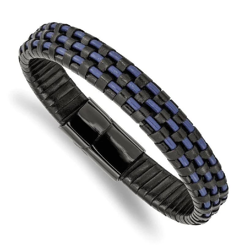 Stainless Steel Polished Black IP Black and Blue Leather 8.25in Bracelet